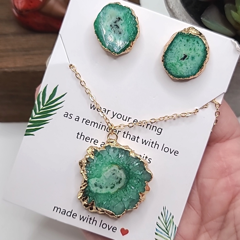 Green Quartz Crystal Stalactite Slice Gold Necklace & Earrings Set